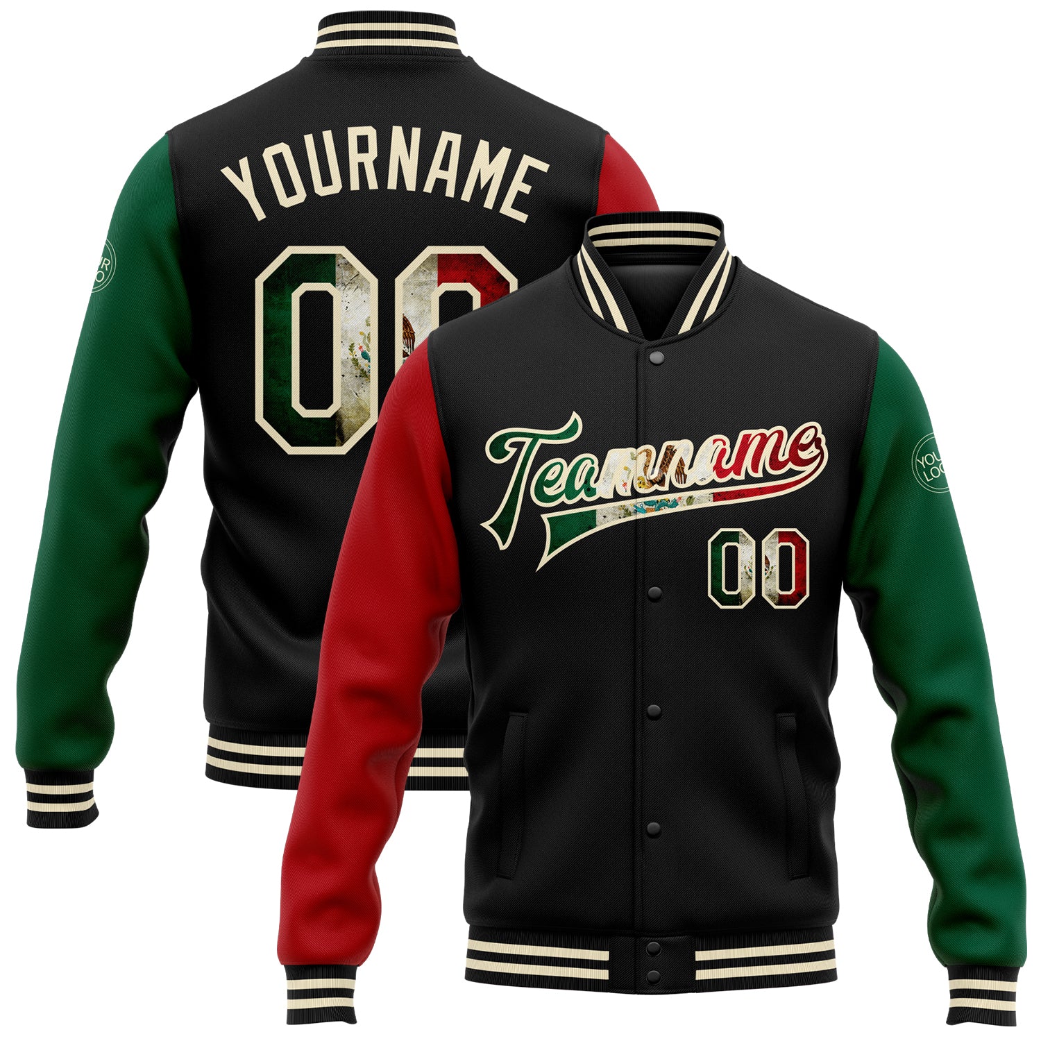 Custom Black Vintage Mexican Flag Cream Kelly Green-Red Bomber Full ...