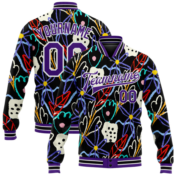 Custom Graffiti Pattern Purple-White Hand Painted Flowers 3D Bomber Full-Snap Varsity Letterman Jacket