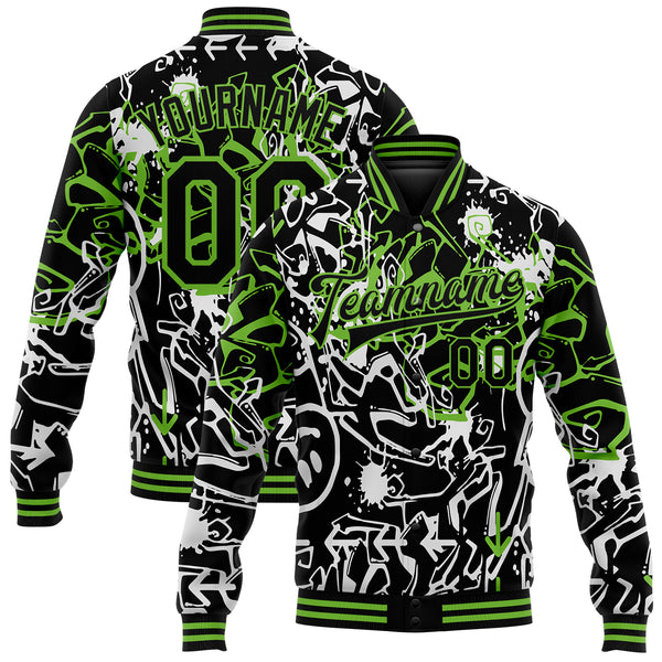 Custom Graffiti Pattern Black-Neon Green Abstract Grunge Art 3D Bomber Full-Snap Varsity Letterman Jacket