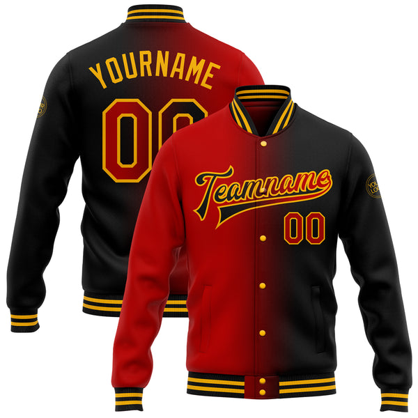 Custom Black Red-Gold Bomber Full-Snap Varsity Letterman Gradient Fashion Jacket