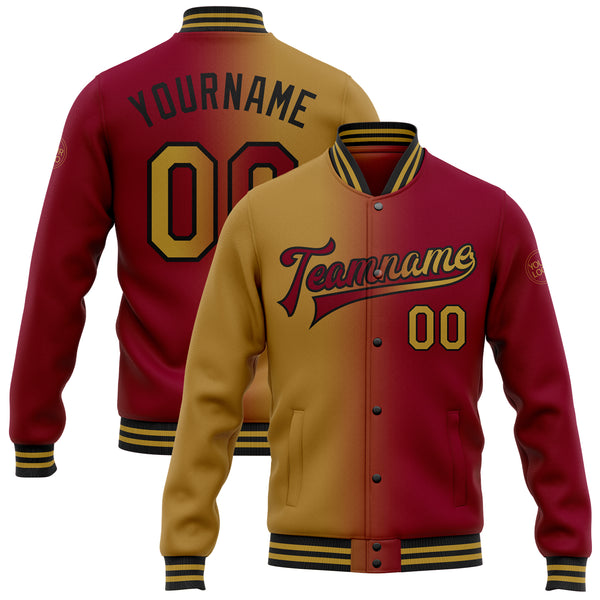 Custom Maroon Old Gold-Black Bomber Full-Snap Varsity Letterman Gradient Fashion Jacket