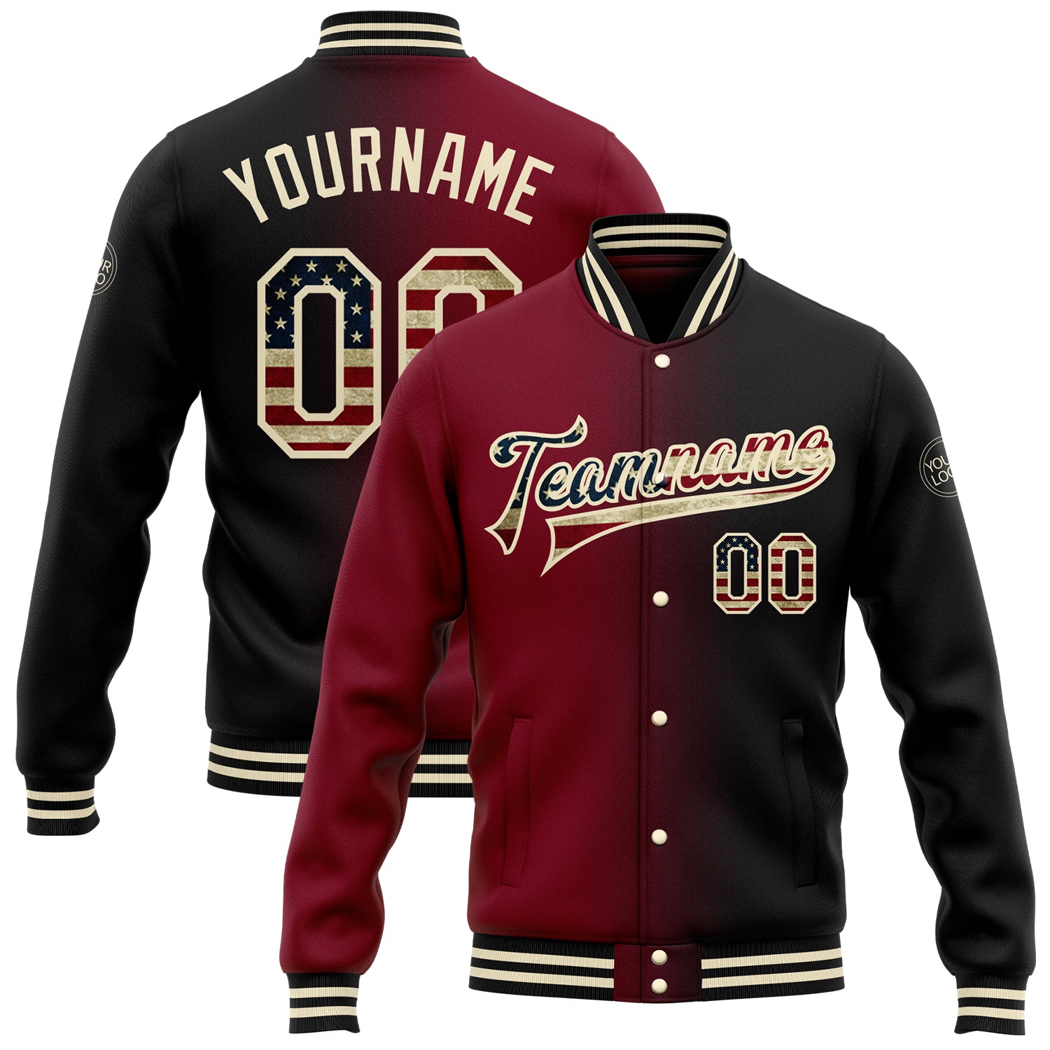 Custom Black Vintage USA Flag Crimson-Cream Bomber Full-Snap Varsity Letterman Gradient Fashion Jacket