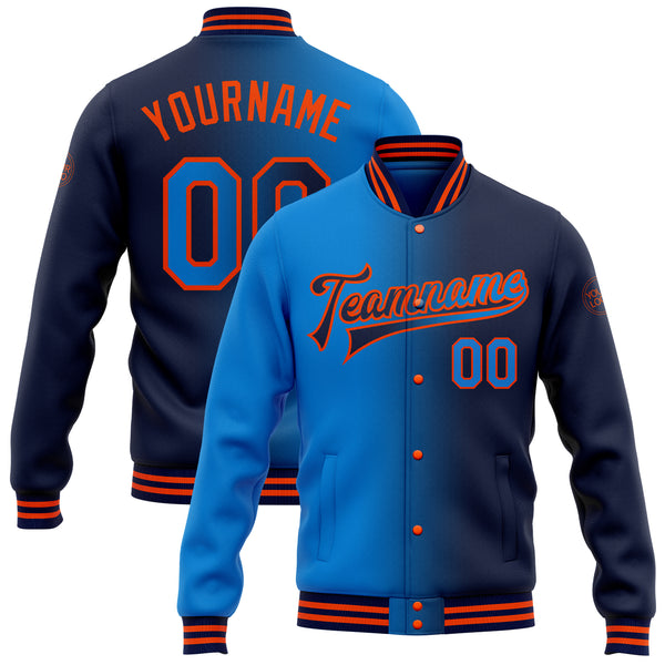 Custom Navy Electric Blue-Orange Bomber Full-Snap Varsity Letterman Gradient Fashion Jacket