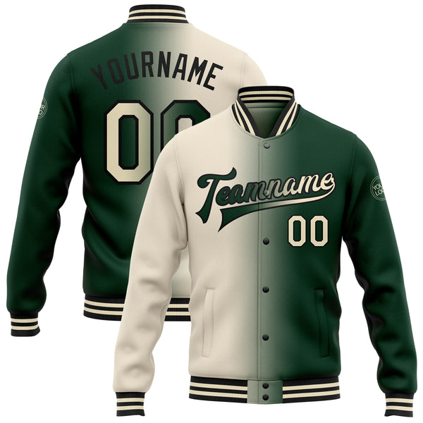 Custom Green Cream-Black Bomber Full-Snap Varsity Letterman Gradient Fashion Jacket