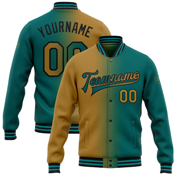 Custom Teal Old Gold-Black Bomber Full-Snap Varsity Letterman Gradient Fashion Jacket