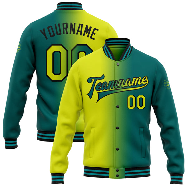 Custom Teal Neon Yellow-Black Bomber Full-Snap Varsity Letterman Gradient Fashion Jacket