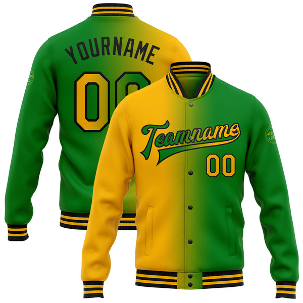 Custom Grass Green Gold-Black Bomber Full-Snap Varsity Letterman Gradient Fashion Jacket