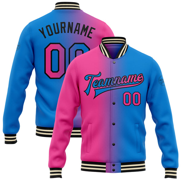 Custom Electric Blue Pink-Black Bomber Full-Snap Varsity Letterman Gradient Fashion Jacket