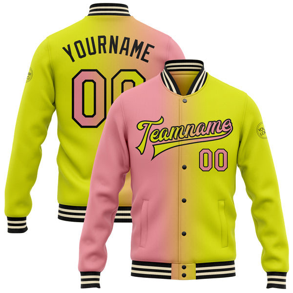 Custom Neon Yellow Medium Pink-Black Bomber Full-Snap Varsity Letterman Gradient Fashion Jacket