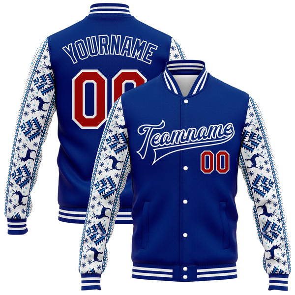 Custom Royal Red-White Christmas 3D Bomber Full-Snap Varsity Letterman Jacket