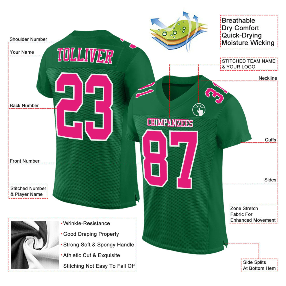 Custom Kelly Green Hot Pink-White Mesh Authentic Football Jersey