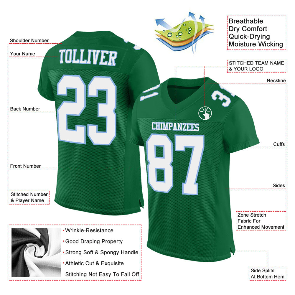 Custom Kelly Green White-Light Blue Mesh Authentic Football Jersey