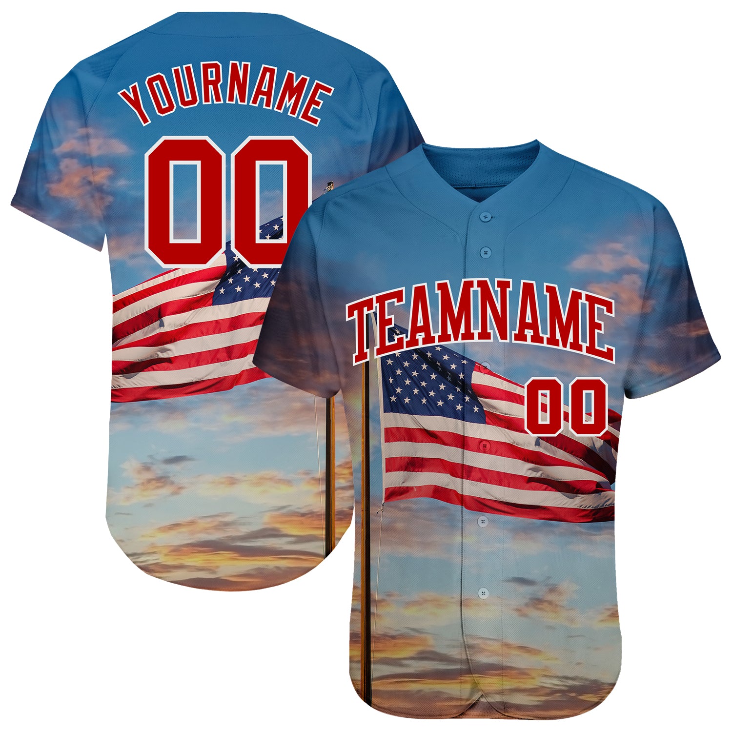 Custom Light Blue Red-White 3D American Flag Fashion Authentic Baseball Jersey