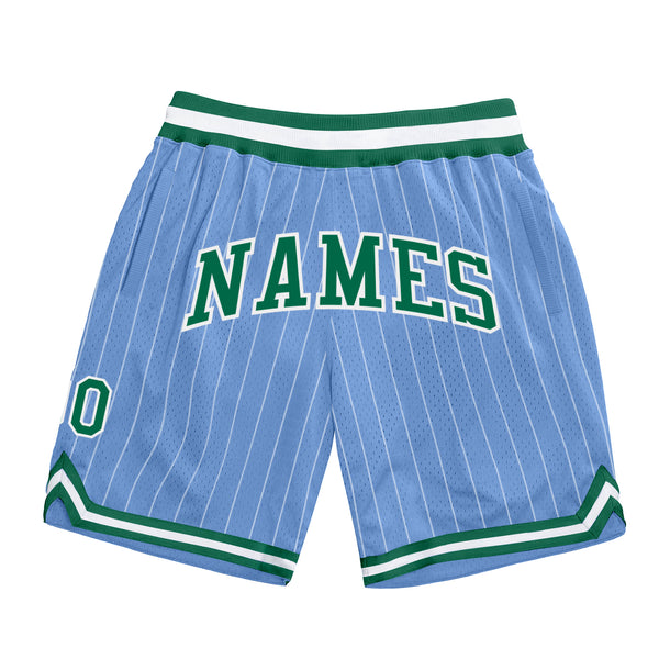 Custom Light Blue White Pinstripe Kelly Green-White Authentic Basketball Shorts