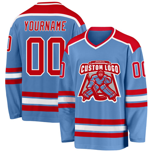 Custom Light Blue White-Red Hockey Jersey Discount