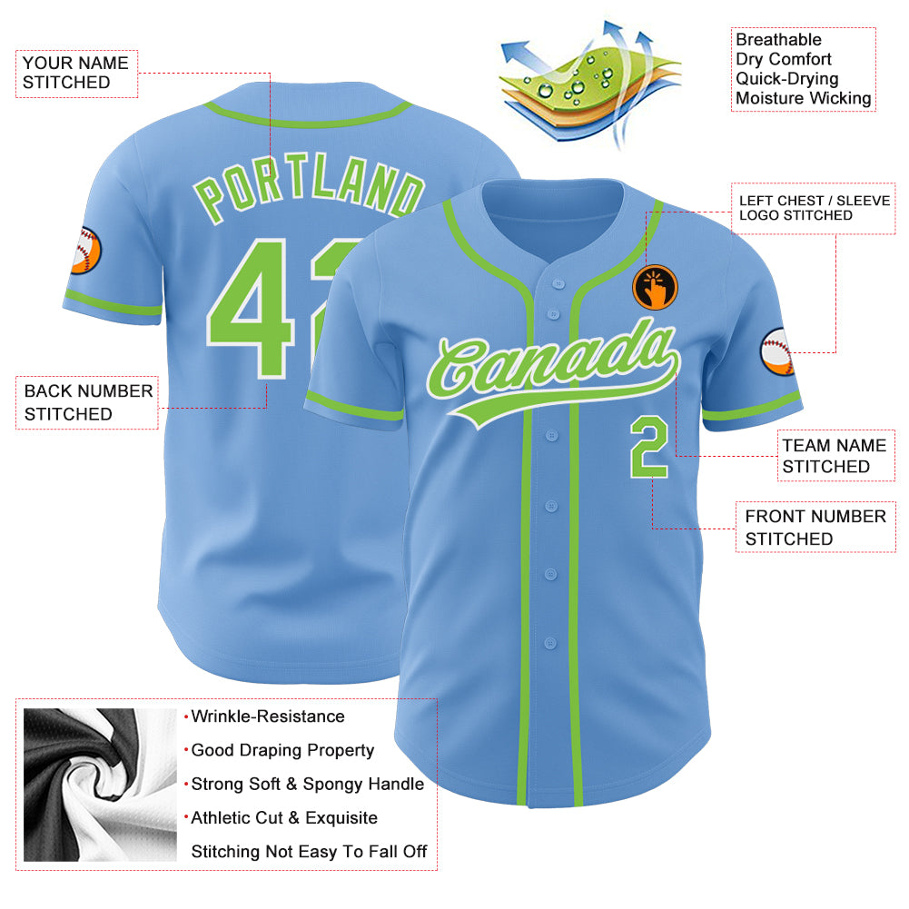 Custom Light Blue Neon Green-White Authentic Baseball Jersey