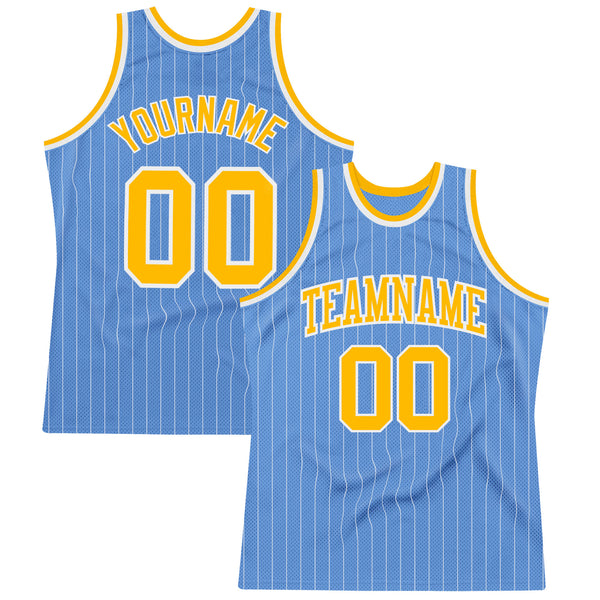 Custom Light Blue White Pinstripe Gold Authentic Basketball Jersey