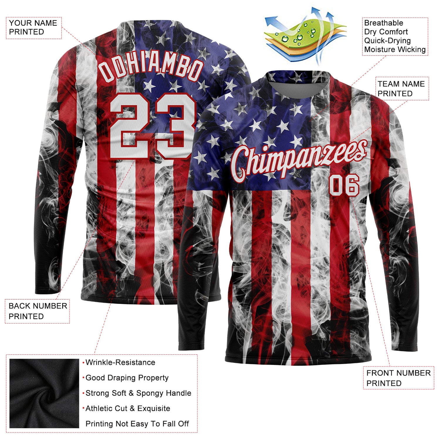 Custom White White Red-Royal American Flag Fashion 3D Long Sleeve Performance T-Shirt