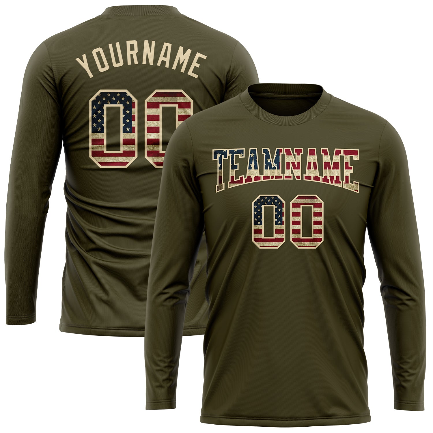 Custom Olive Vintage USA Flag-Cream Long Sleeve Performance Salute To Service T-Shirt