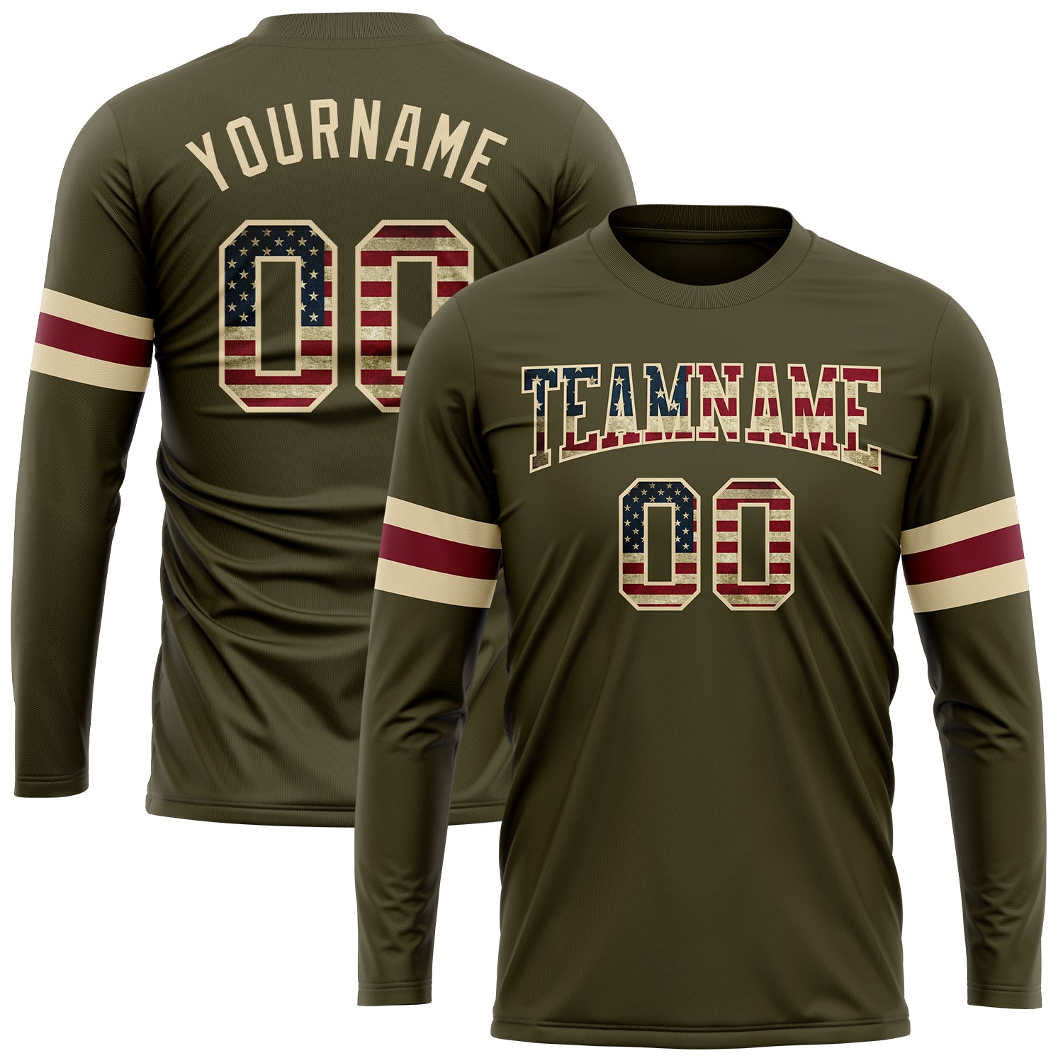 Custom Olive Vintage USA Flag-Cream Long Sleeve Performance Salute To Service T-Shirt