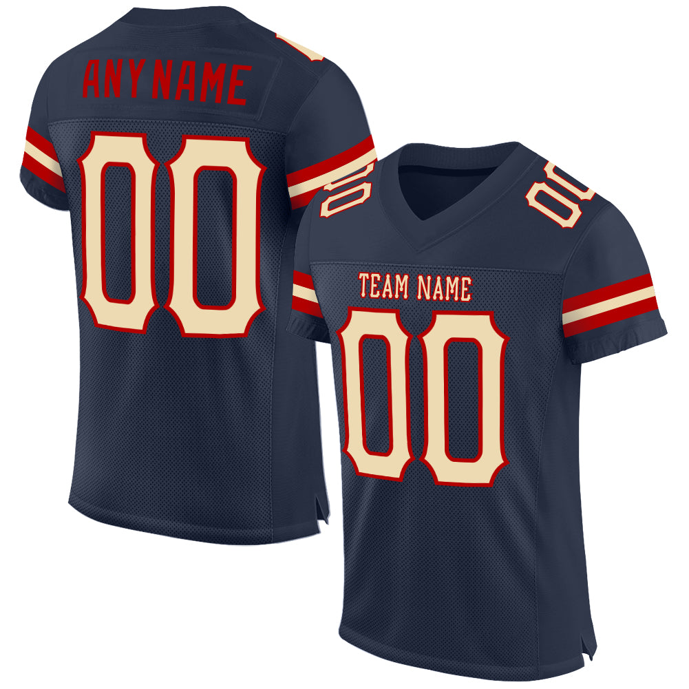 Custom Navy Cream-Red Mesh Authentic Football Jersey