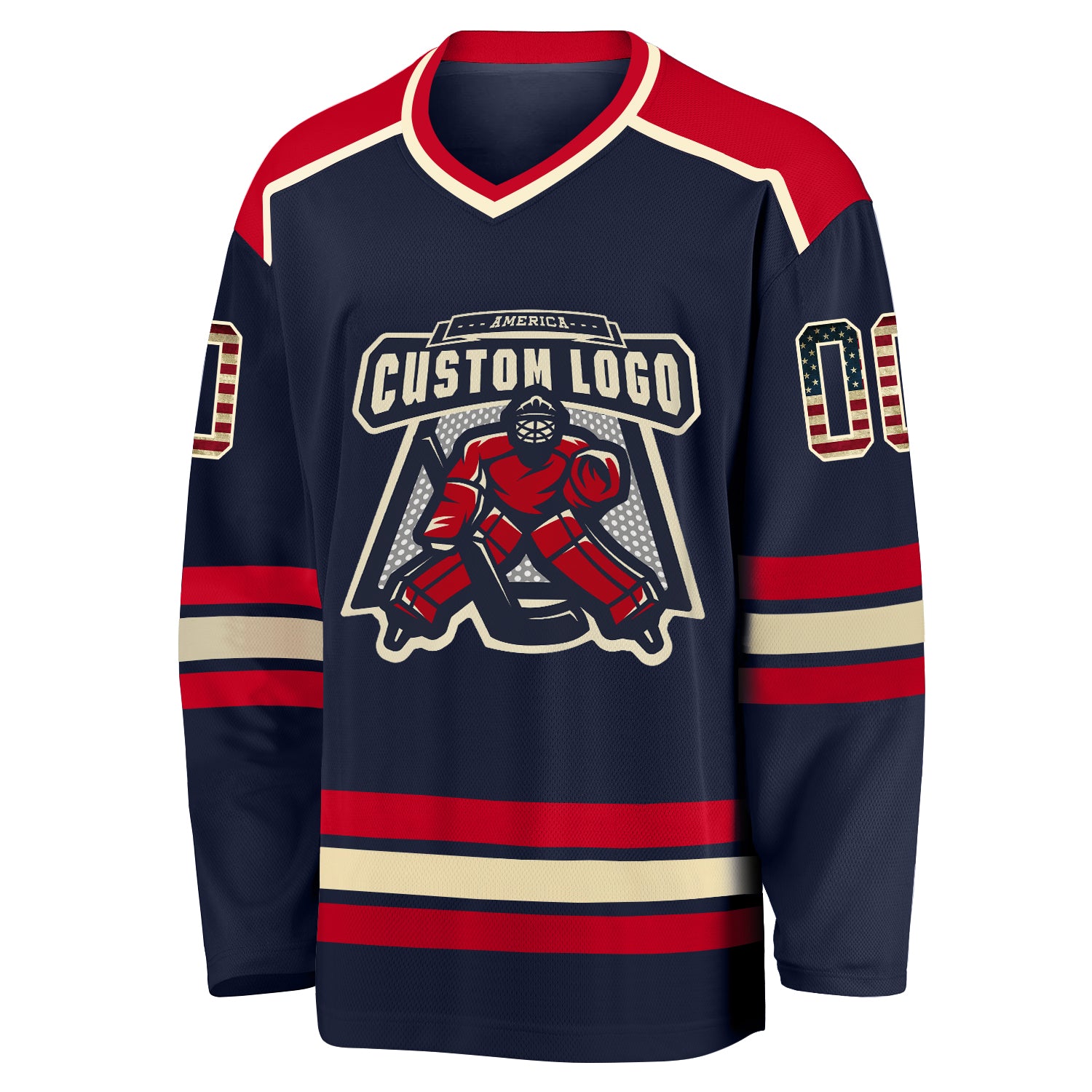 Custom Navy Vintage USA Flag Cream-Red Hockey Jersey