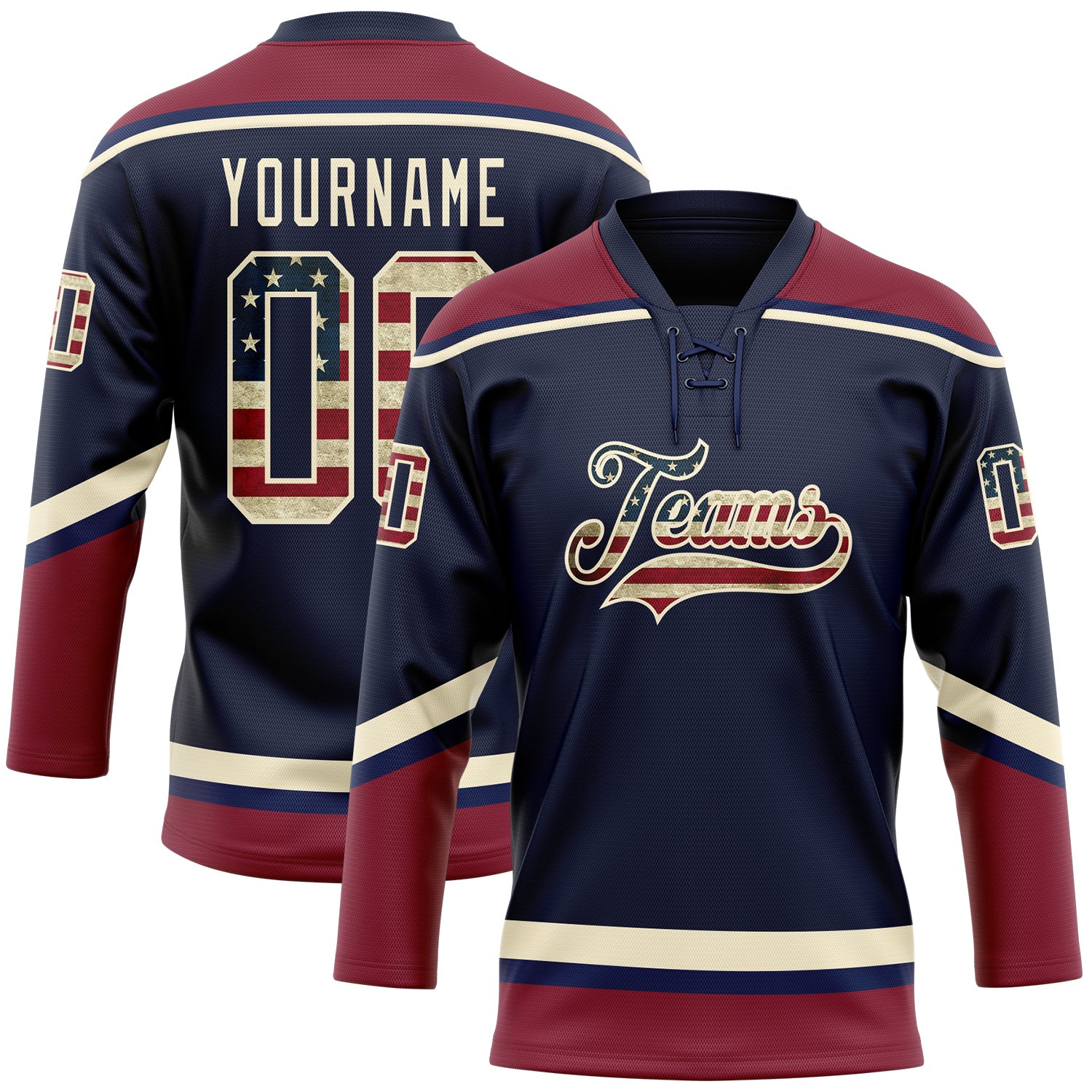 Custom Navy Vintage USA Flag Crimson-Cream Hockey Lace Neck Jersey