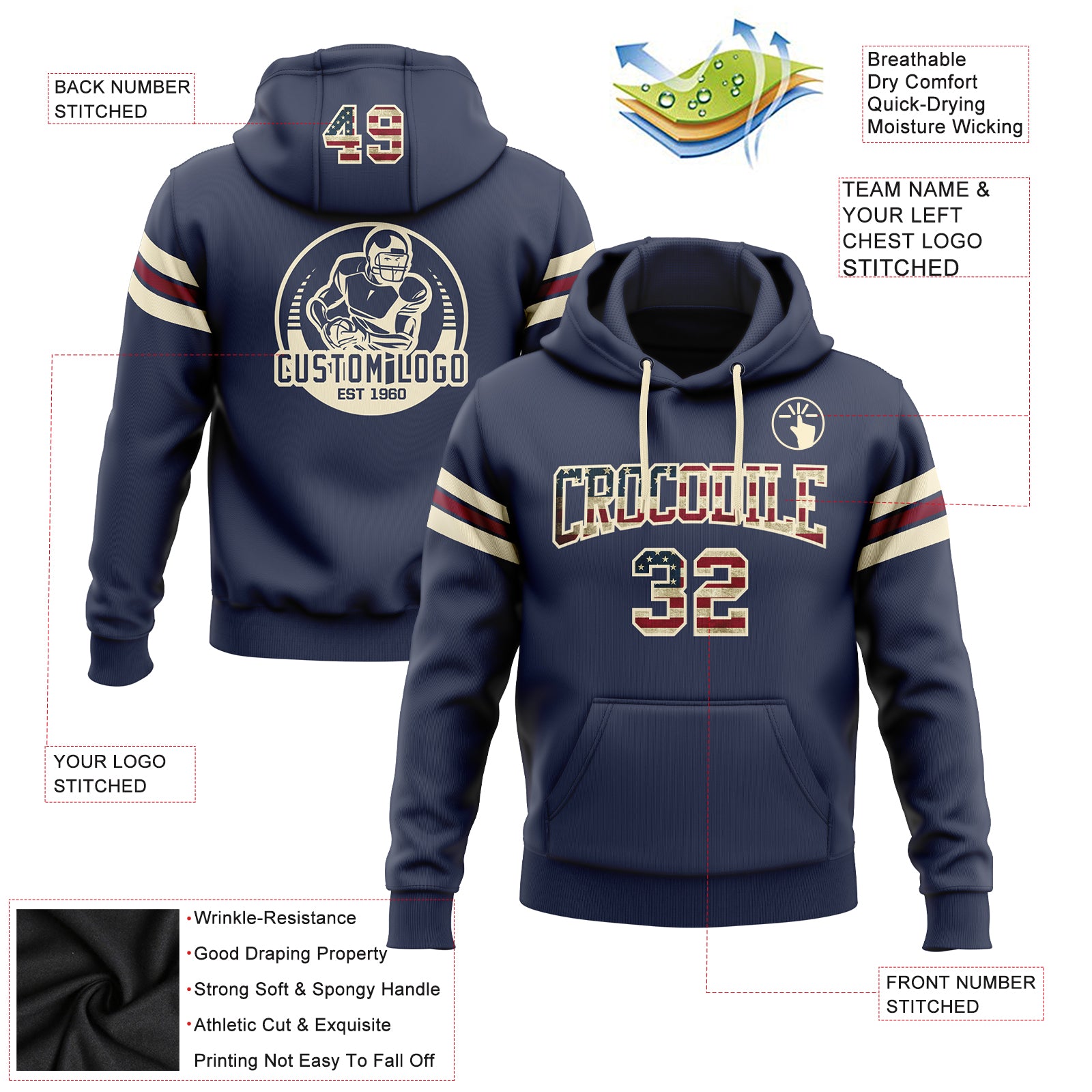 Custom Stitched Navy Vintage USA Flag Cream-Crimson Football Pullover Sweatshirt Hoodie