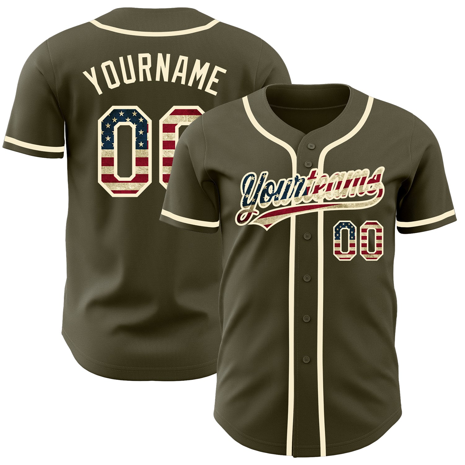 Custom Olive Vintage USA Flag-Cream Authentic Salute To Service Baseball Jersey