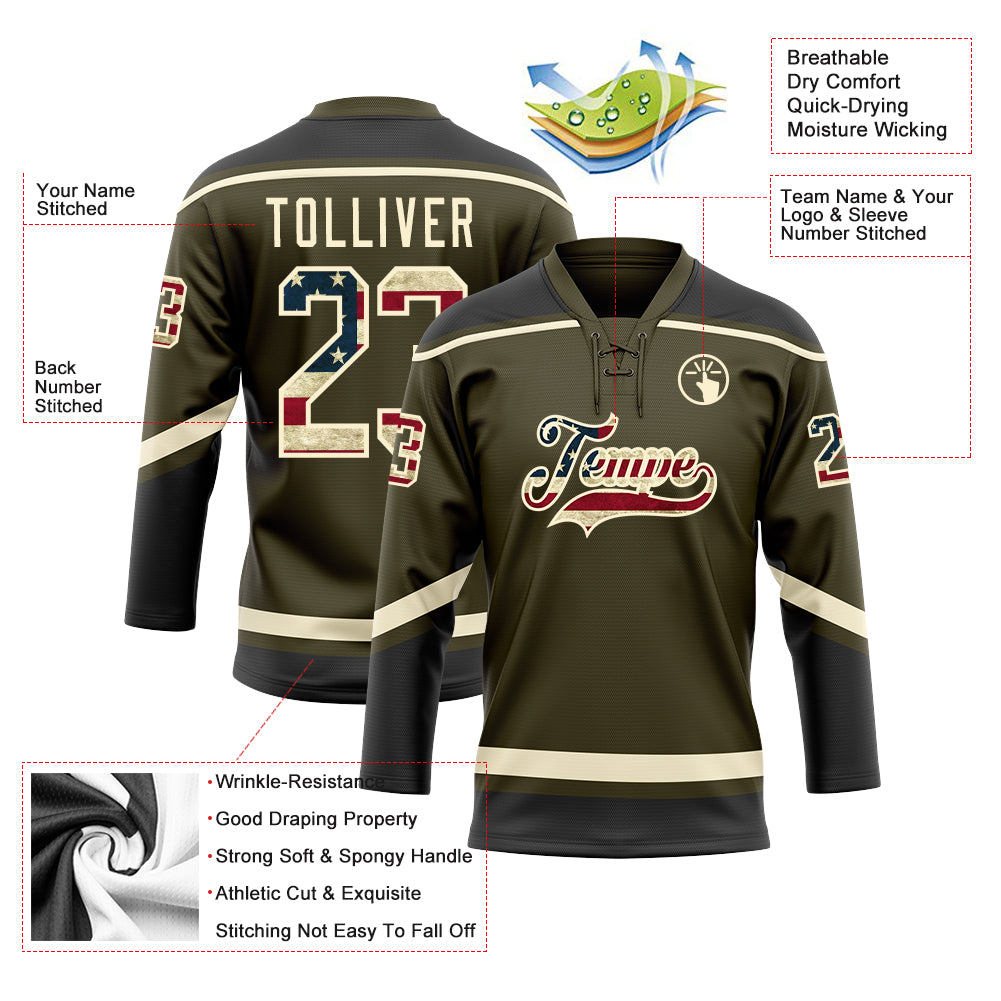 Custom Olive Vintage USA Flag Cream-Black Salute To Service Hockey Lace Neck Jersey