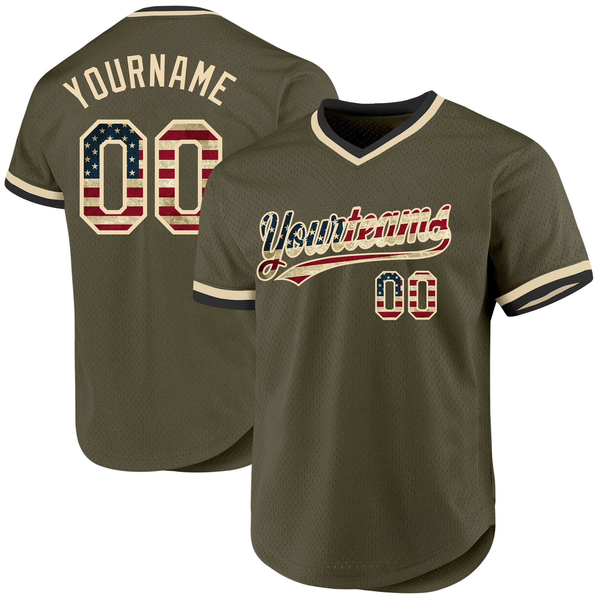 Custom Olive Vintage USA Flag Cream-Black Authentic Throwback Salute To Service Baseball Jersey