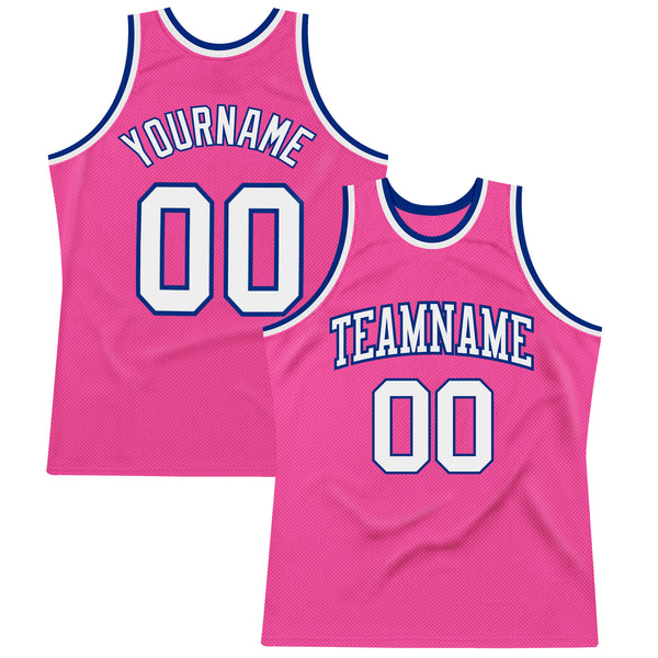 Custom Pink White-Royal Authentic Throwback Basketball Jersey