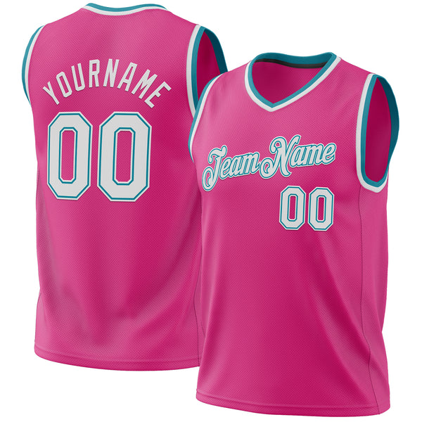 Custom Pink White-Teal Authentic Throwback Basketball Jersey