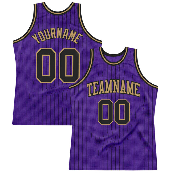 Custom Purple Black Pinstripe Black-Old Gold Authentic Basketball Jersey