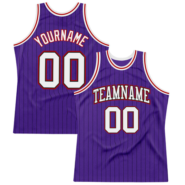 Custom Purple Black Pinstripe White-Red Authentic Basketball Jersey