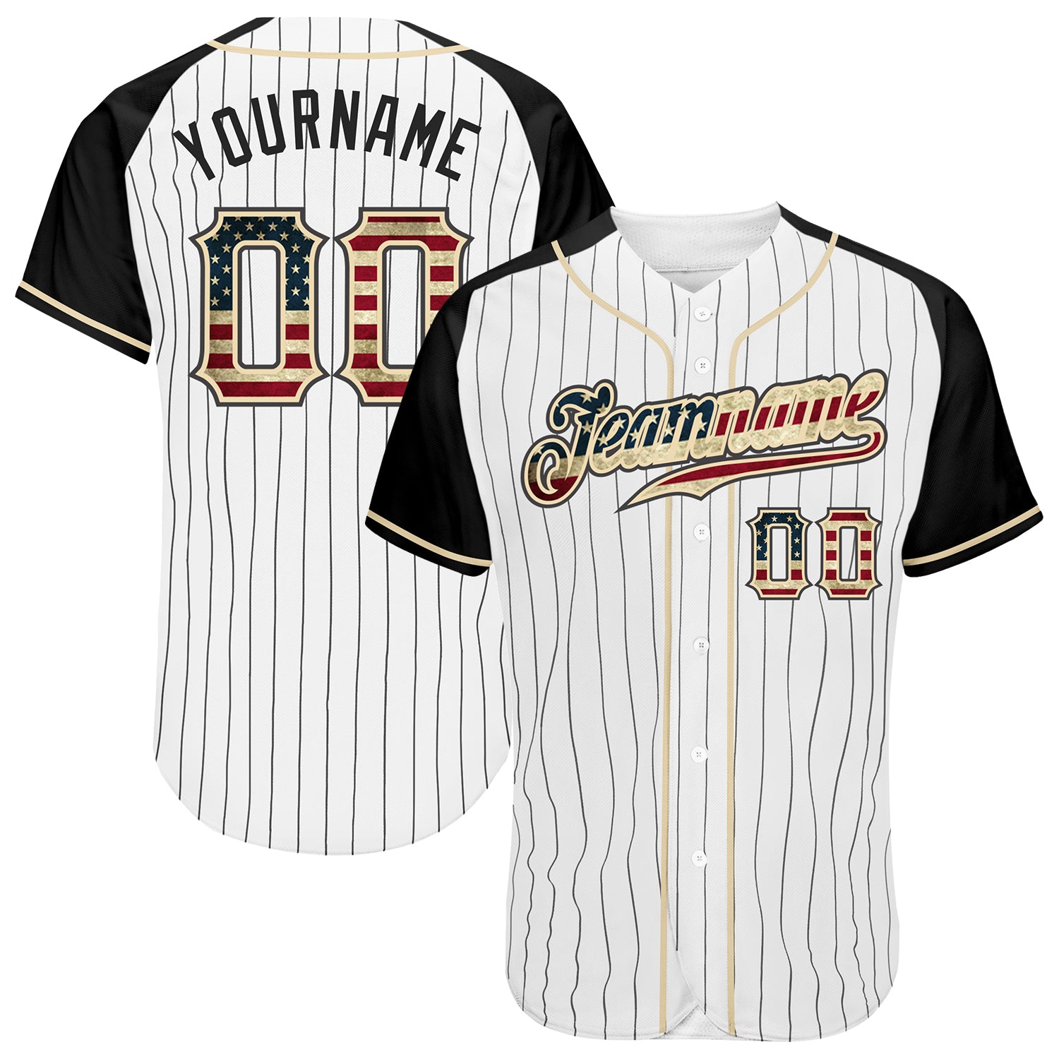 Custom White Black Pinstripe Vintage USA Flag-Black Authentic Raglan Sleeves Baseball Jersey