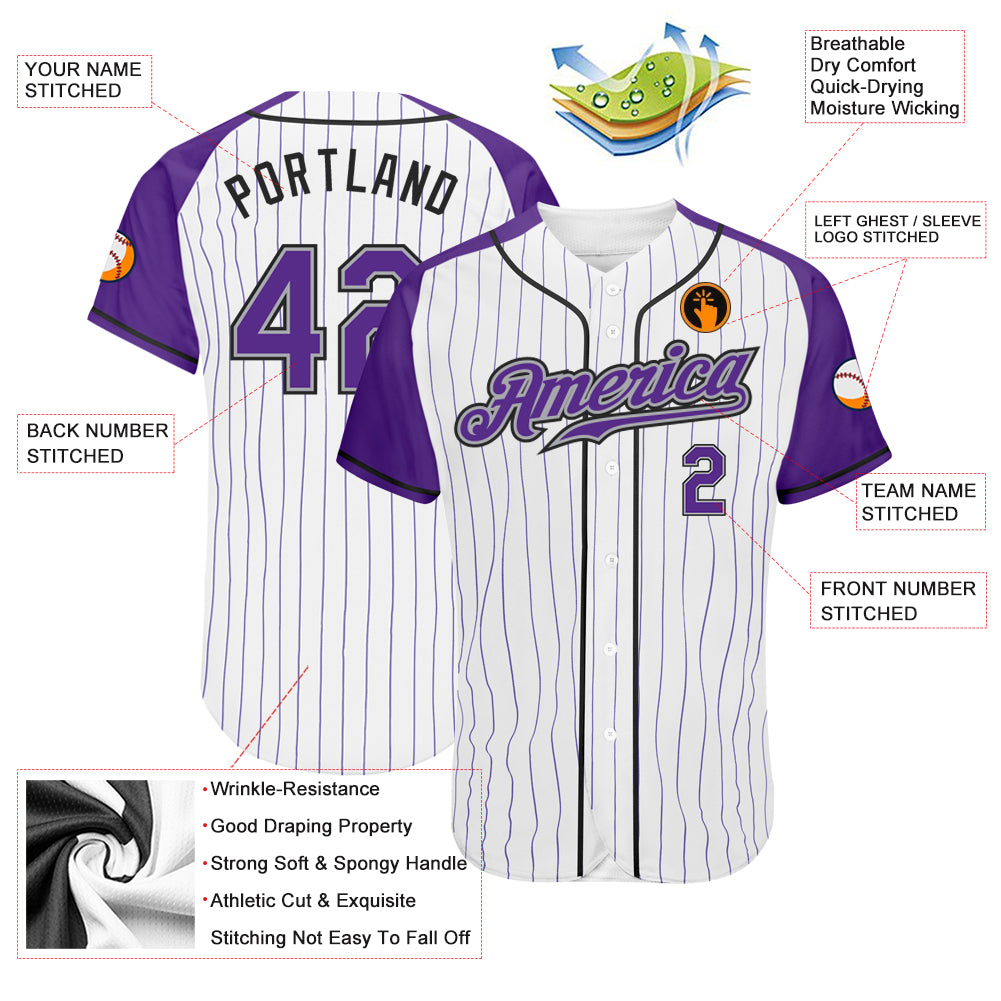 Custom White Purple Pinstripe Purple-Gray Authentic Raglan Sleeves Baseball Jersey