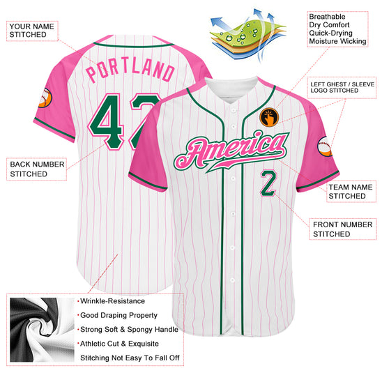 Custom White Pink Pinstripe Kelly Green-Pink Authentic Raglan Sleeves Baseball Jersey