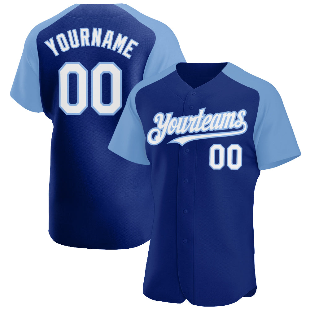 Custom White Light Blue Pinstripe Navy-Light Blue Authentic Raglan Sleeves  Baseball Jersey