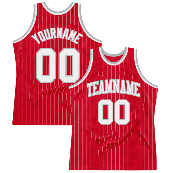 Custom Red White Pinstripe White-Gray Authentic Basketball Jersey