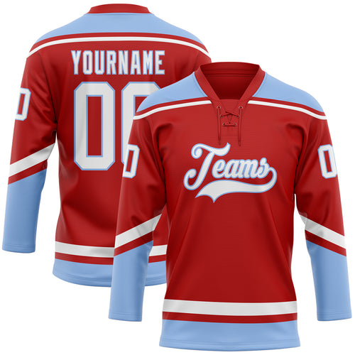 Custom Light Blue White-Red Hockey Jersey Discount