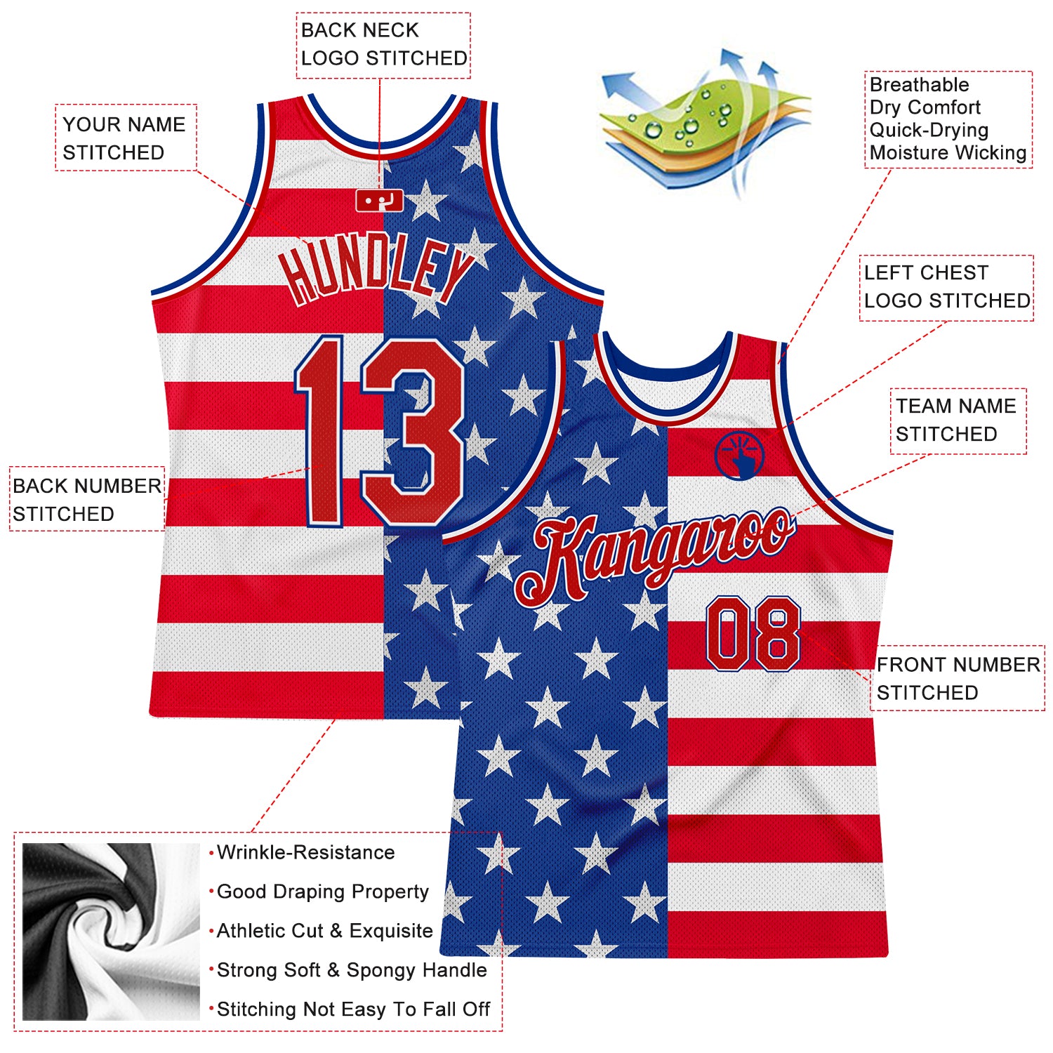 Custom Royal Red-White 3D Pattern Design American Flag Authentic Basketball Jersey