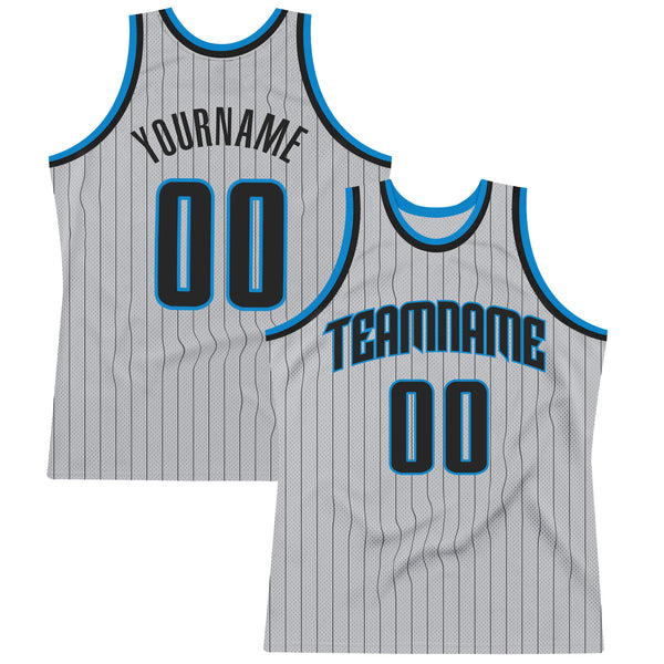 Custom Gray Black Pinstripe Black-Blue Authentic Basketball Jersey