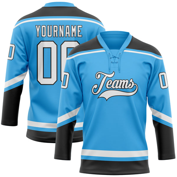 Custom Sky Blue White-Black Hockey Lace Neck Jersey