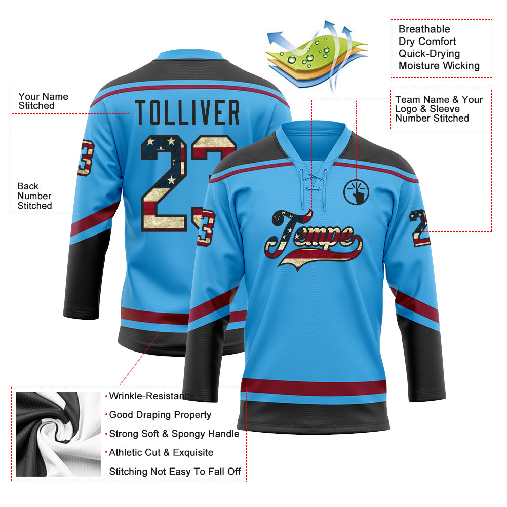 Custom Sky Blue Vintage USA Flag Black-Maroon Hockey Lace Neck Jersey