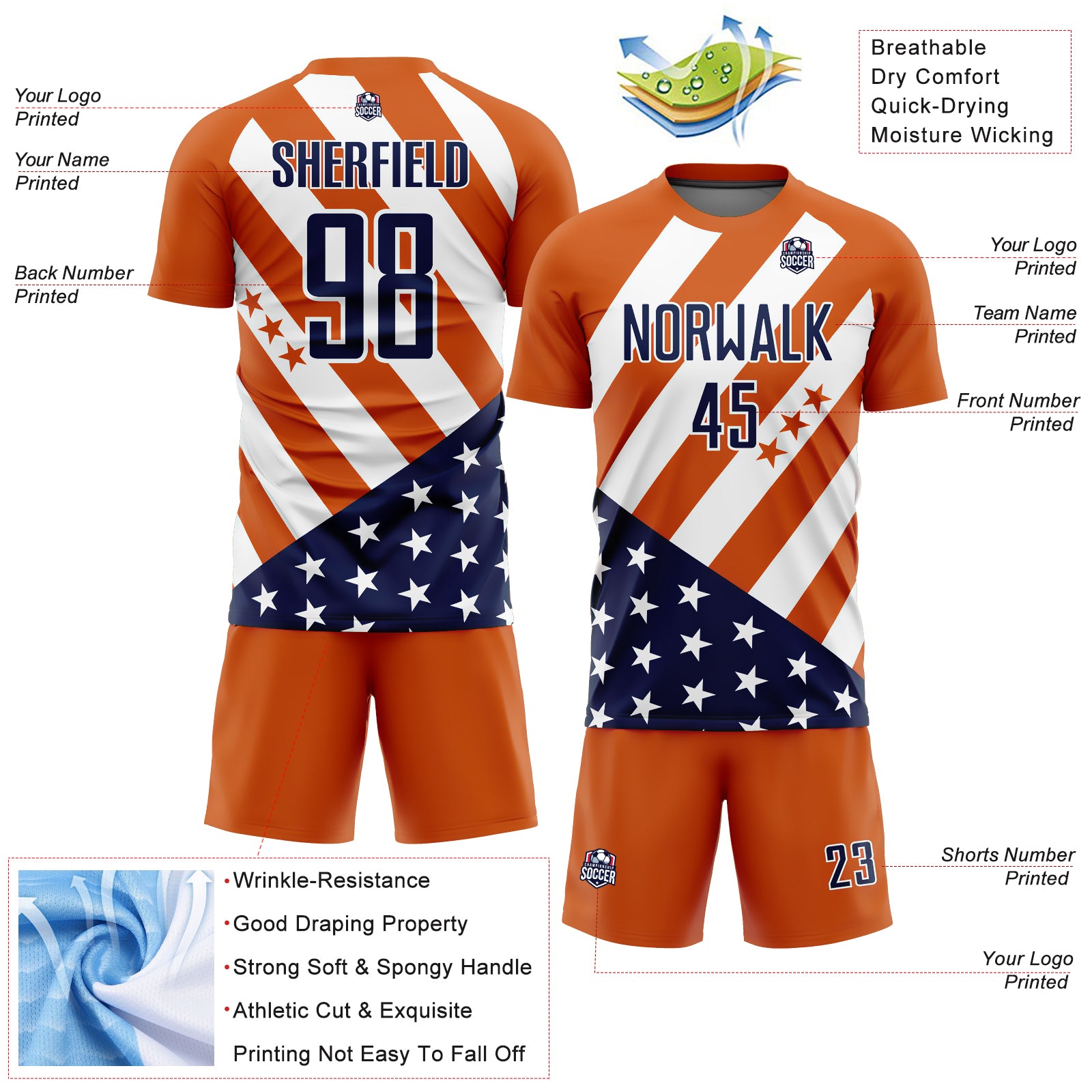 Custom Bay Orange Navy-White Vintage American Flag Sublimation Soccer Uniform Jersey