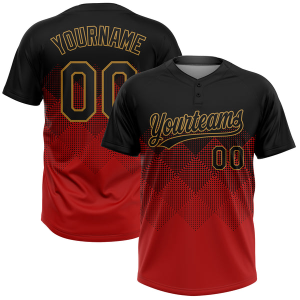 Custom Red Black-Old Gold 3D Pattern Two-Button Unisex Softball Jersey