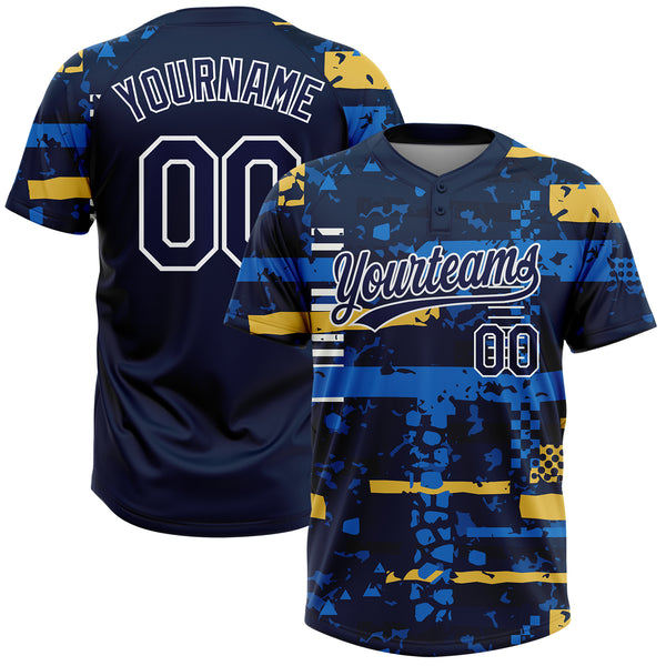 Custom Navy Navy Royal-Gold 3D Pattern Two-Button Unisex Softball Jersey