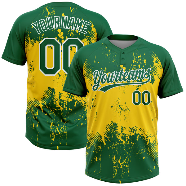 Custom Gold Green-White 3D Pattern Two-Button Unisex Softball Jersey