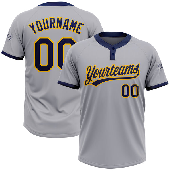 Custom Gray Navy-Gold Two-Button Unisex Softball Jersey